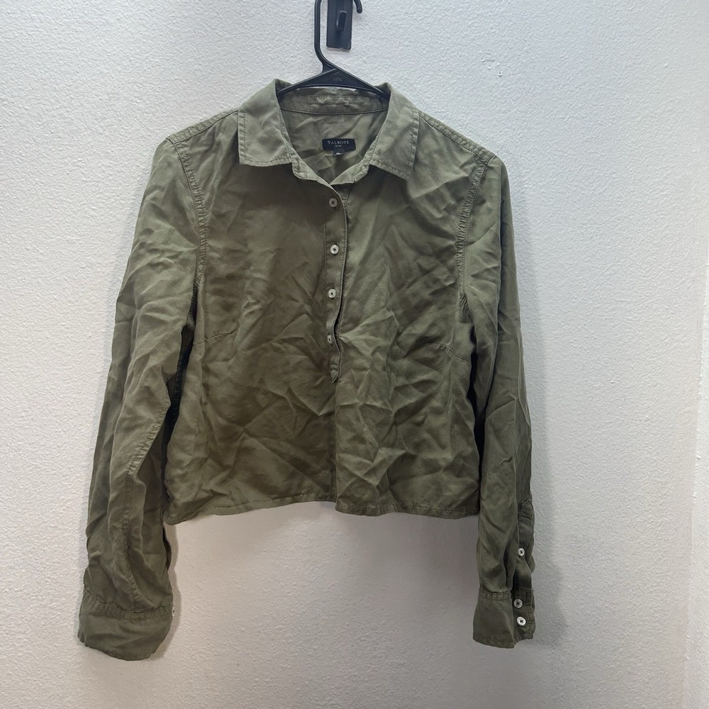 Talbots Pullover Half Button Up Top SZ M Petite Lyocell Olive Green Classic‎